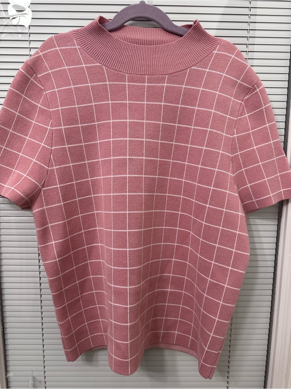 Anthropologie Rose Pink Windowpane Knit Short-Sleeve Top